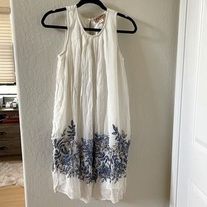 White Anthropologie shift dress with blue beading